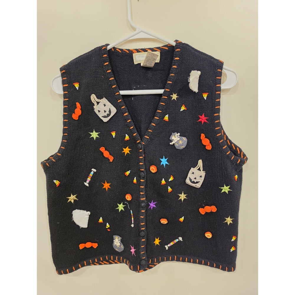 Vintage Studio Works Halloween Zip Up Vest Petite MD Spooky Kitsch Grandmacore